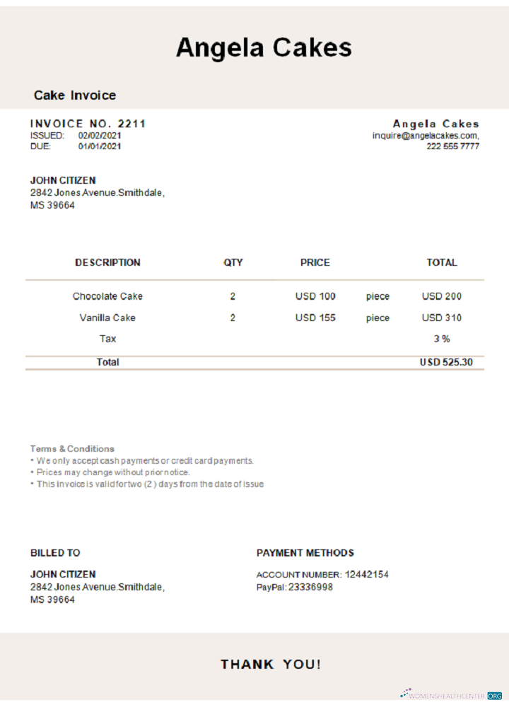 Download USA Angela Cakes invoice Photoshop template